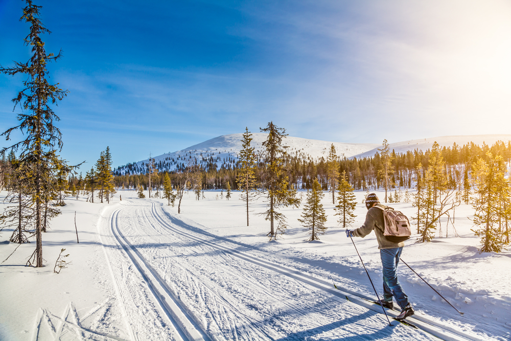 A man cross country skiing