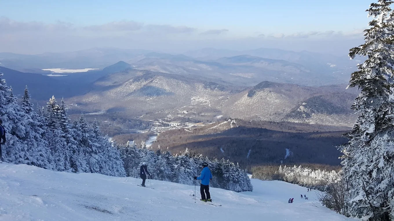 Skiers on Pico Mountain on a powder day